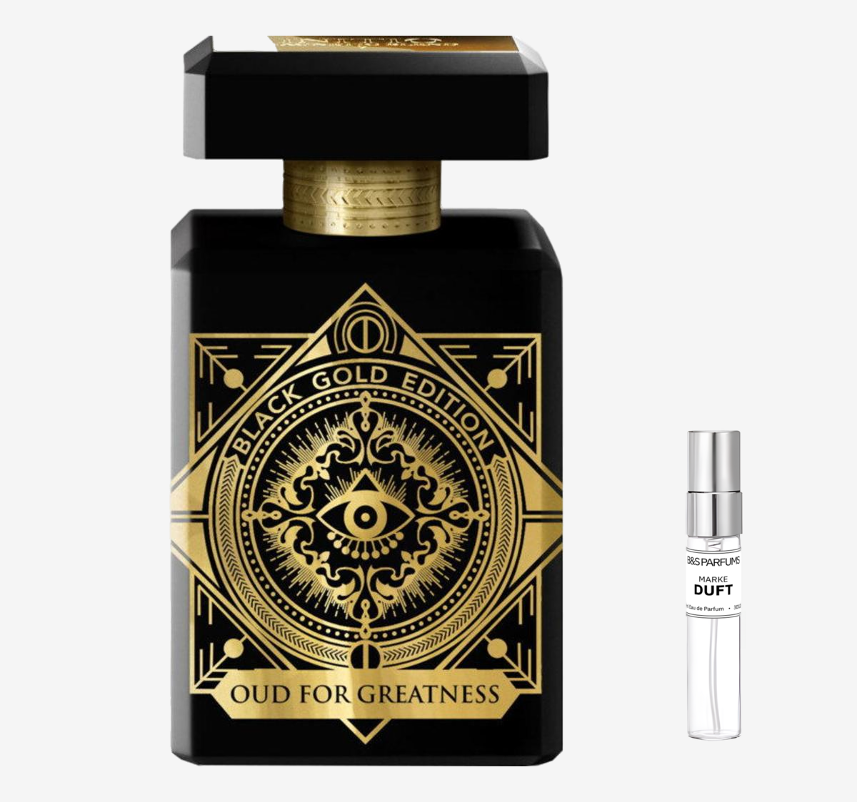 Initio - Oud for Greatness Flakon und Probenflakon nebendran