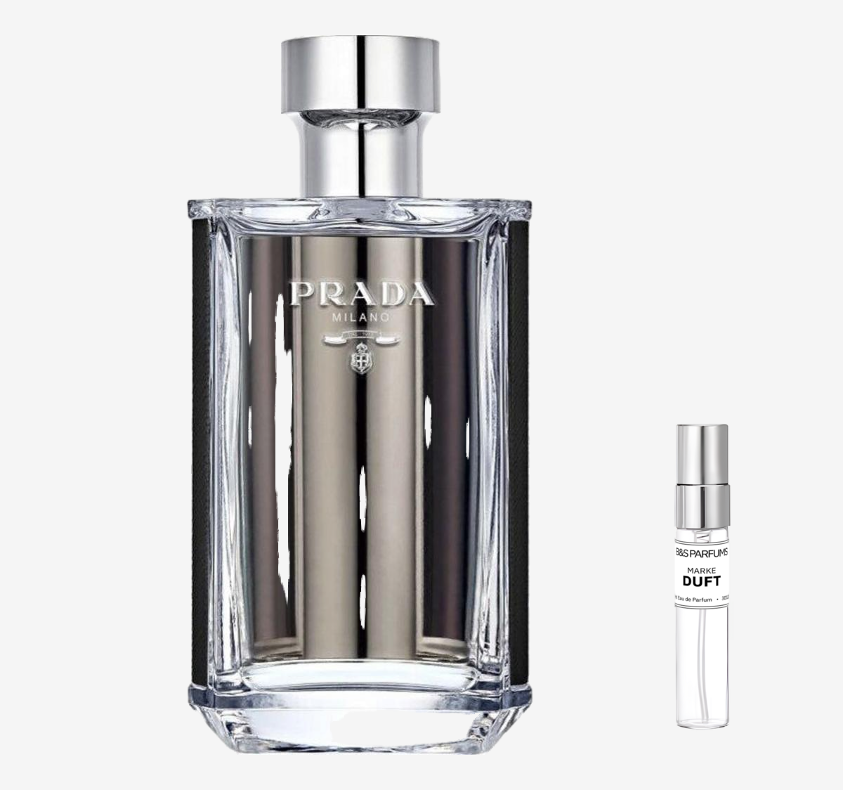 Prada - L'Homme Flakon und Probenflakon nebendran